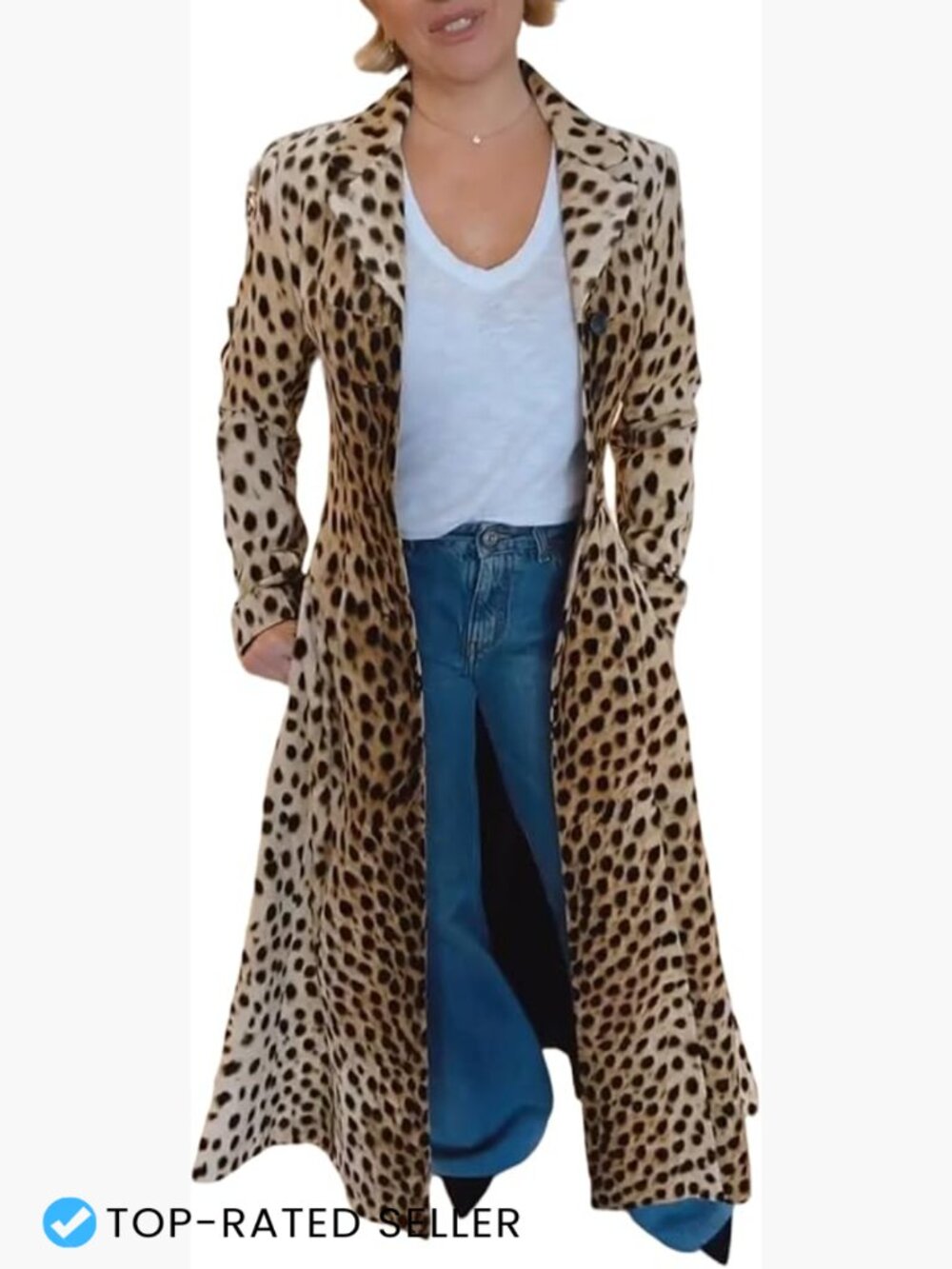 Leopard Print Long Trench Coat Elegant Slim Fit Notch Lapel Dress Coat